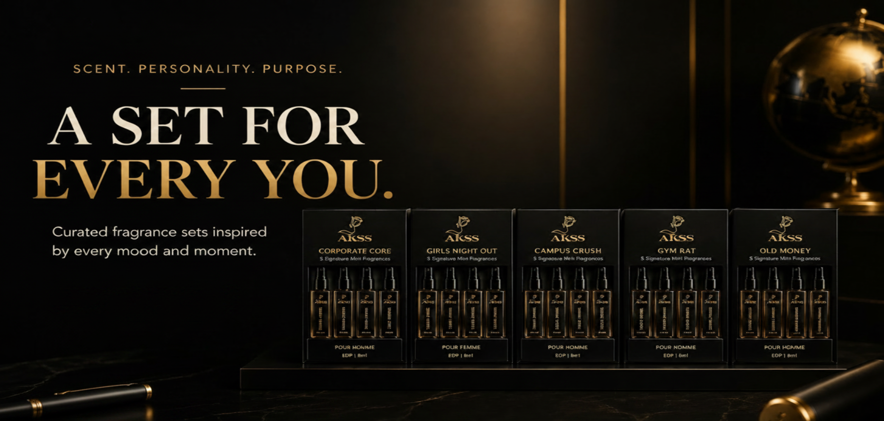 Set of fragrance bottles with branding on a dark background, featuring text about different moods and moments.