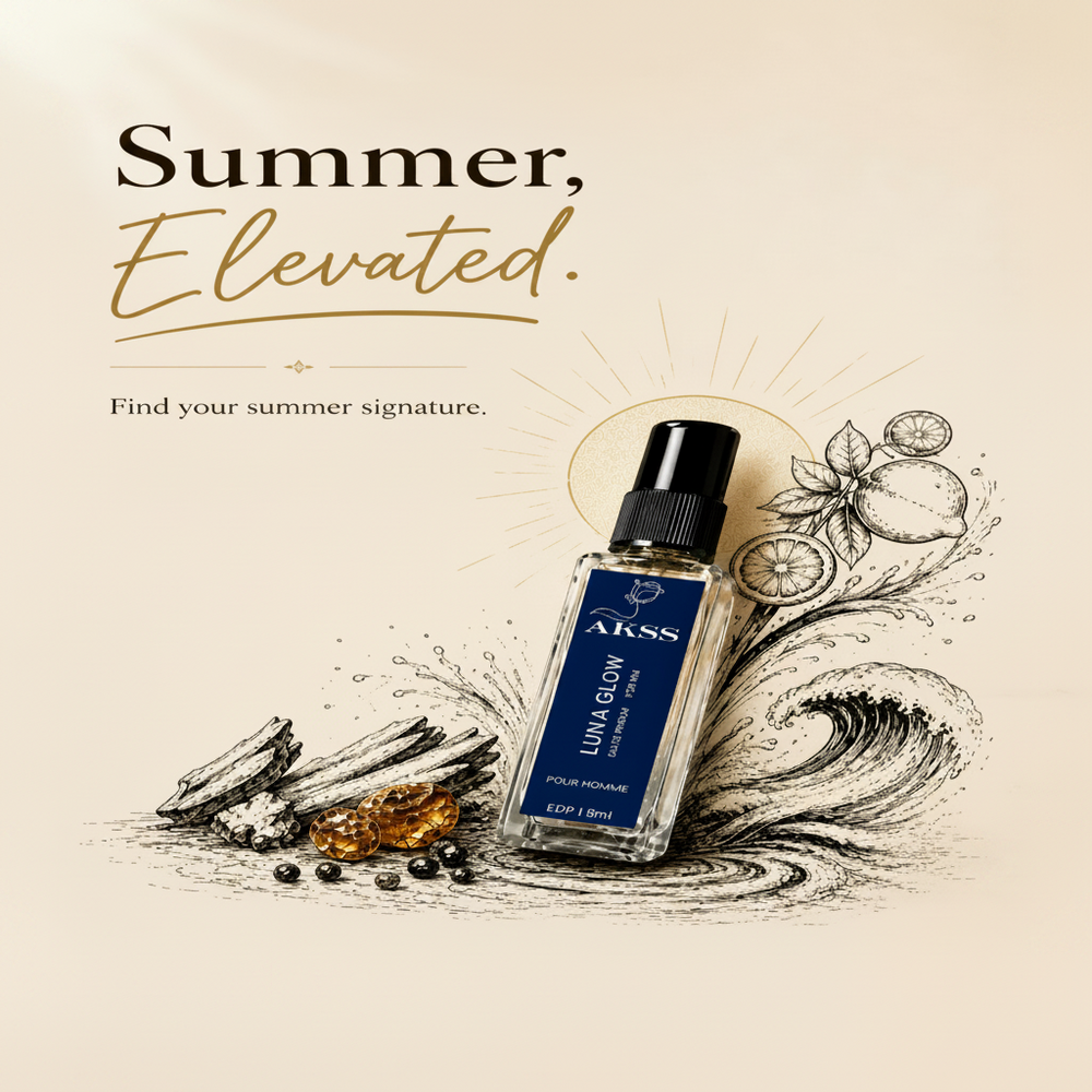 Perfume bottle labeled 'AKSS Luna Glow' with summer-themed design elements on a beige background.