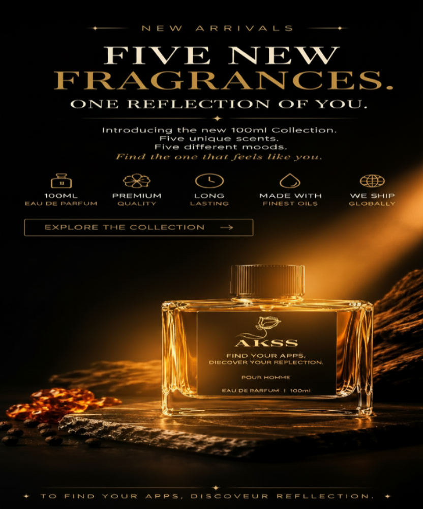 Advertisement for AKSS new fragrances with a dark background and product display.