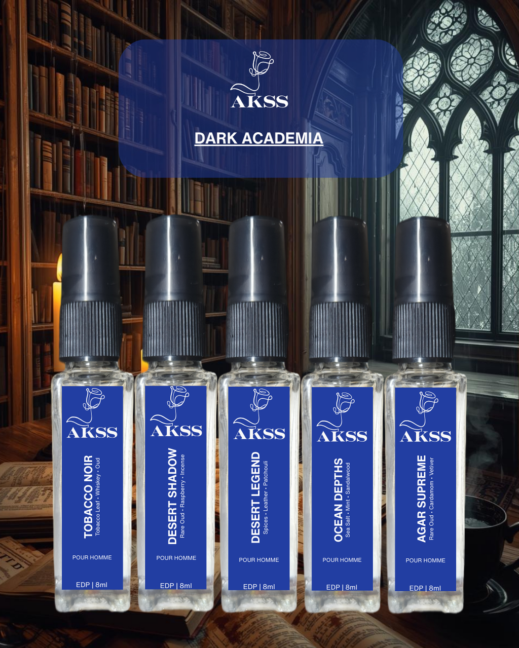 Luxury tobacco, oud and incense perfume set for men – Akss Dark Academia Edition