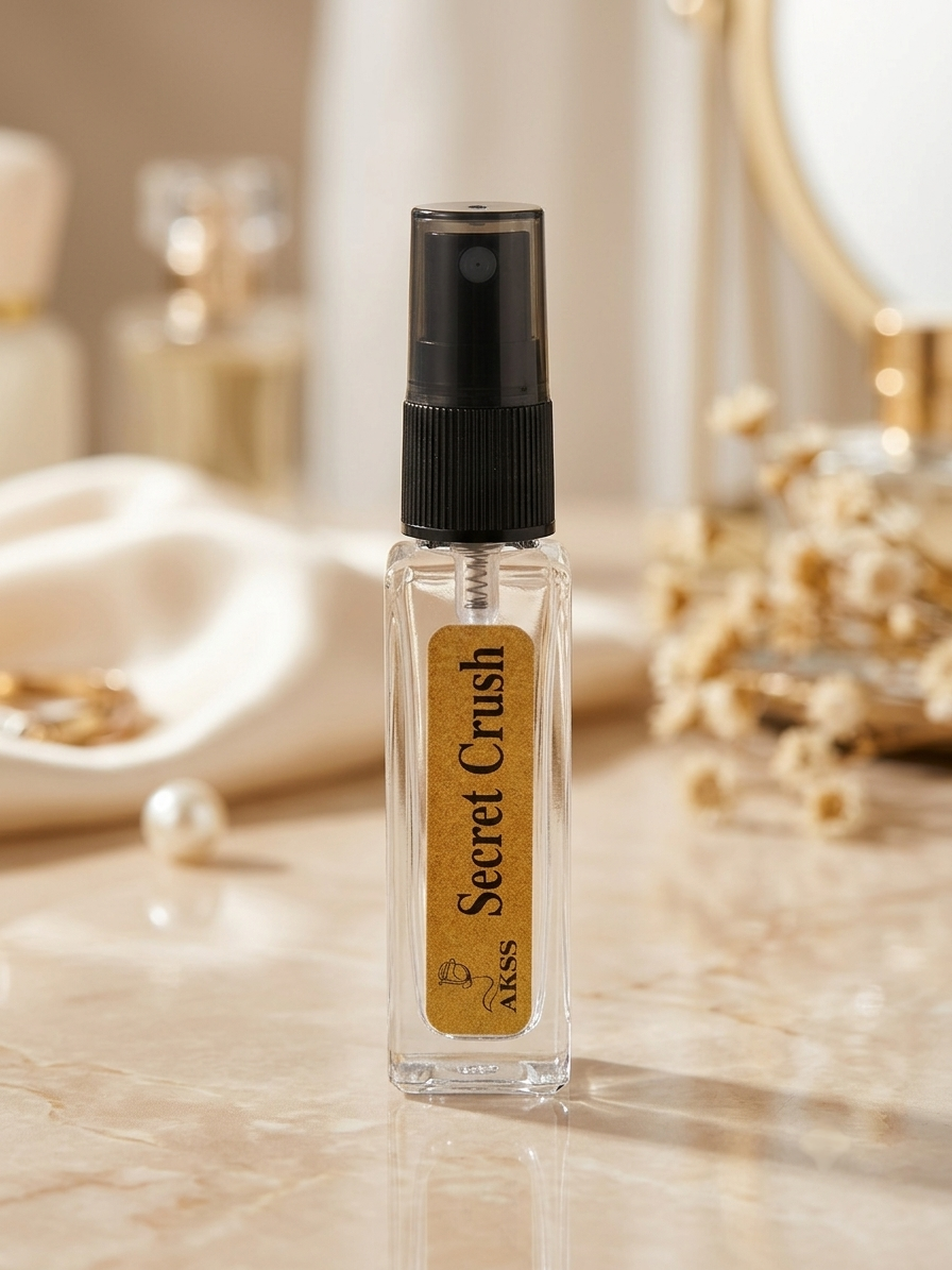 Perfume bottle labeled 'Secret Crush' on a reflective surface with decorative items in the background