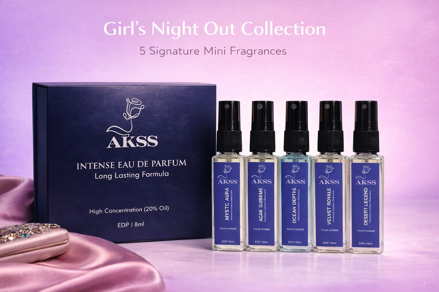 AKSS perfume set with packaging on a purple background