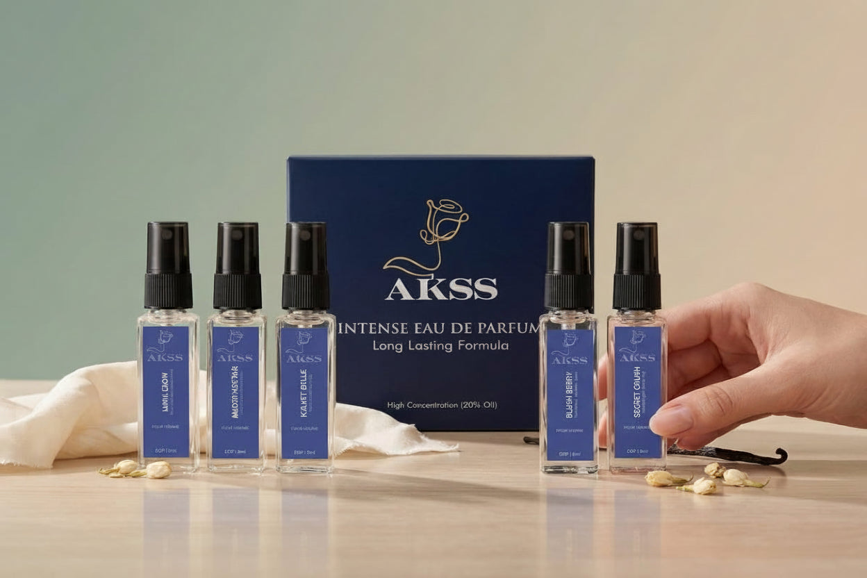 Set of AKSS perfume bottles with a hand reaching for one, against a neutral background.