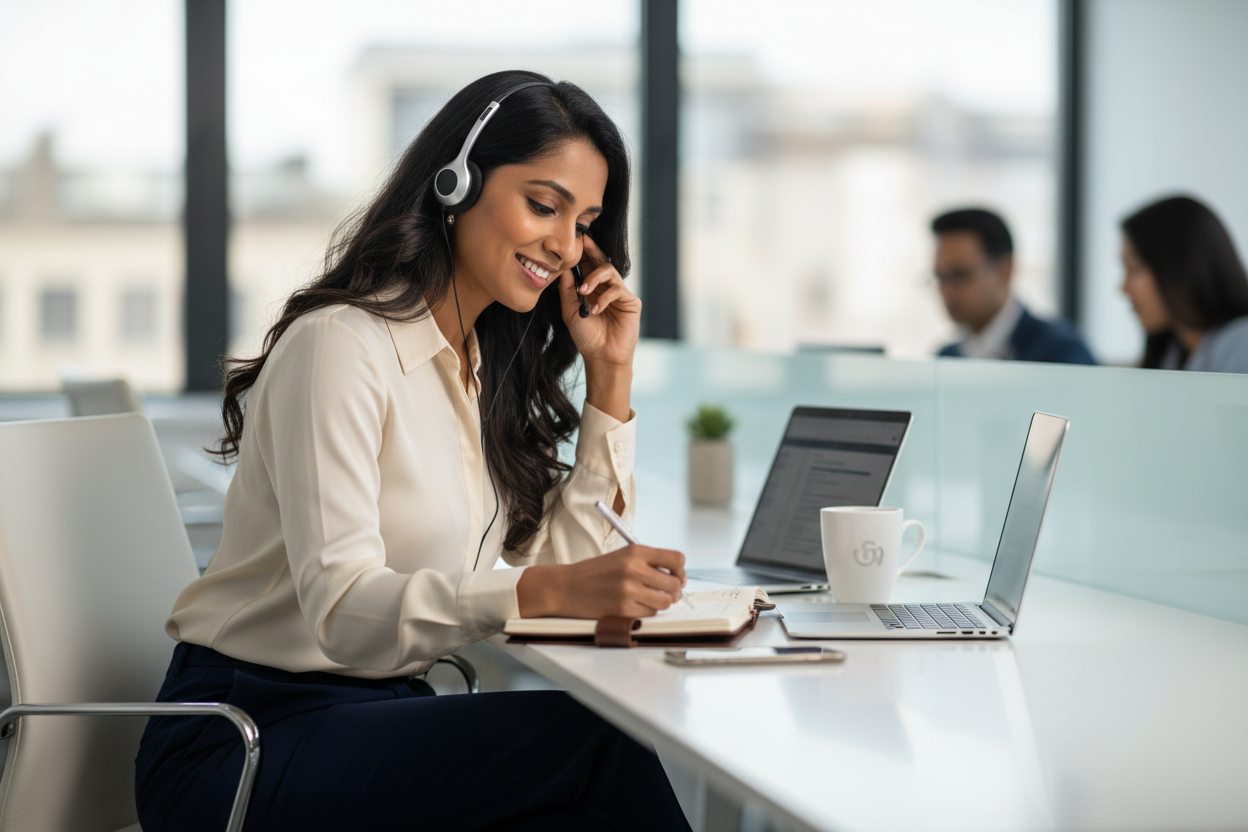 Woman in a call center setting with a headset, smiling and taking notes.